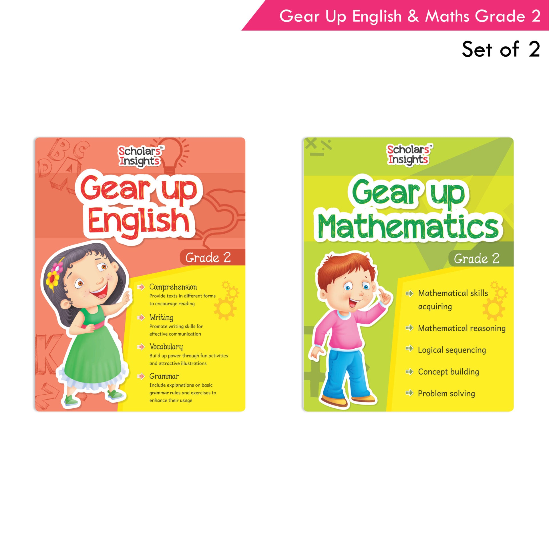 Scholars Insights Gear Up English & Maths Grade 2 Books Set of 2|Grammar Skills, Logical Reasoning, Problem Solving Book for Kids| Ages 7-8 Years - Distacart