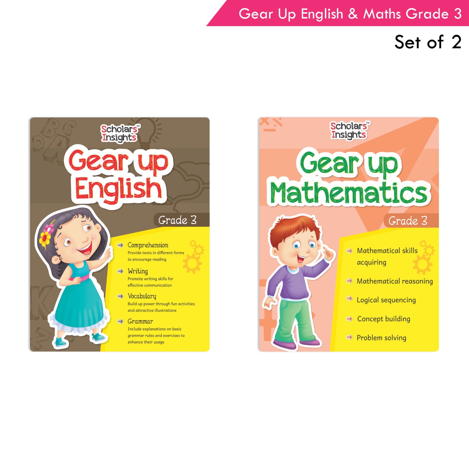 Scholars Insights Gear Up English & Maths Grade 3 Books Set of 2| Grammar Skills, Logical Reasoning, Problem Solving Book for Kids| Ages 8-9 Years - Distacart