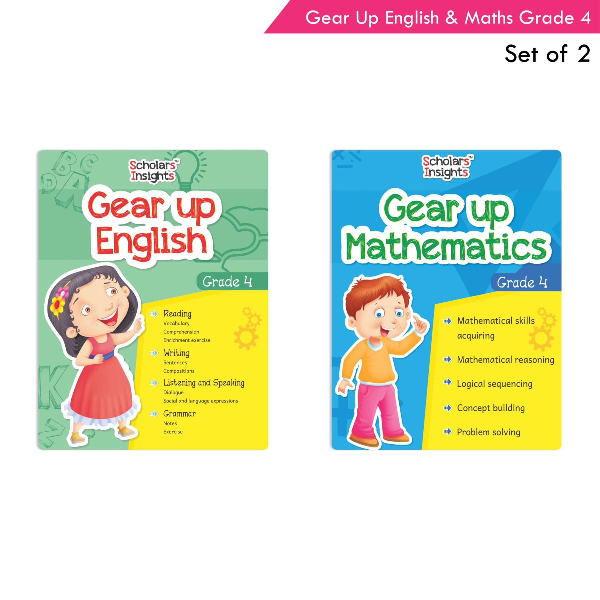 Scholars Insights Gear Up English & Maths Grade 4 Books Set Of 2 English Grammar Skills, Maths Logical Reasoning, Problem Solving Book Ages 9-10 Years - Distacart