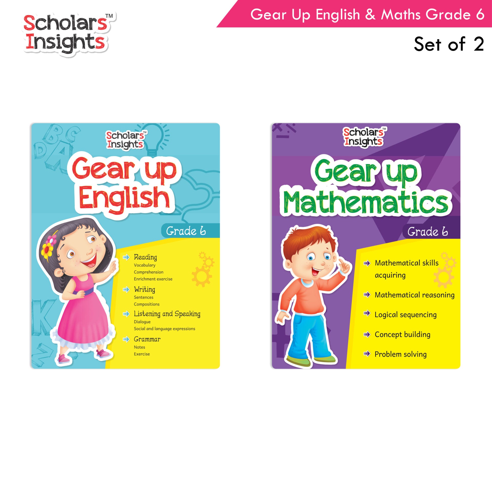 Scholars Insights Gear Up English & Maths Grade 6 Books Set Of 2 Grammar Skills, Maths Logical Reasoning, Problem Solving Book| Ages 11-12 Years - Distacart