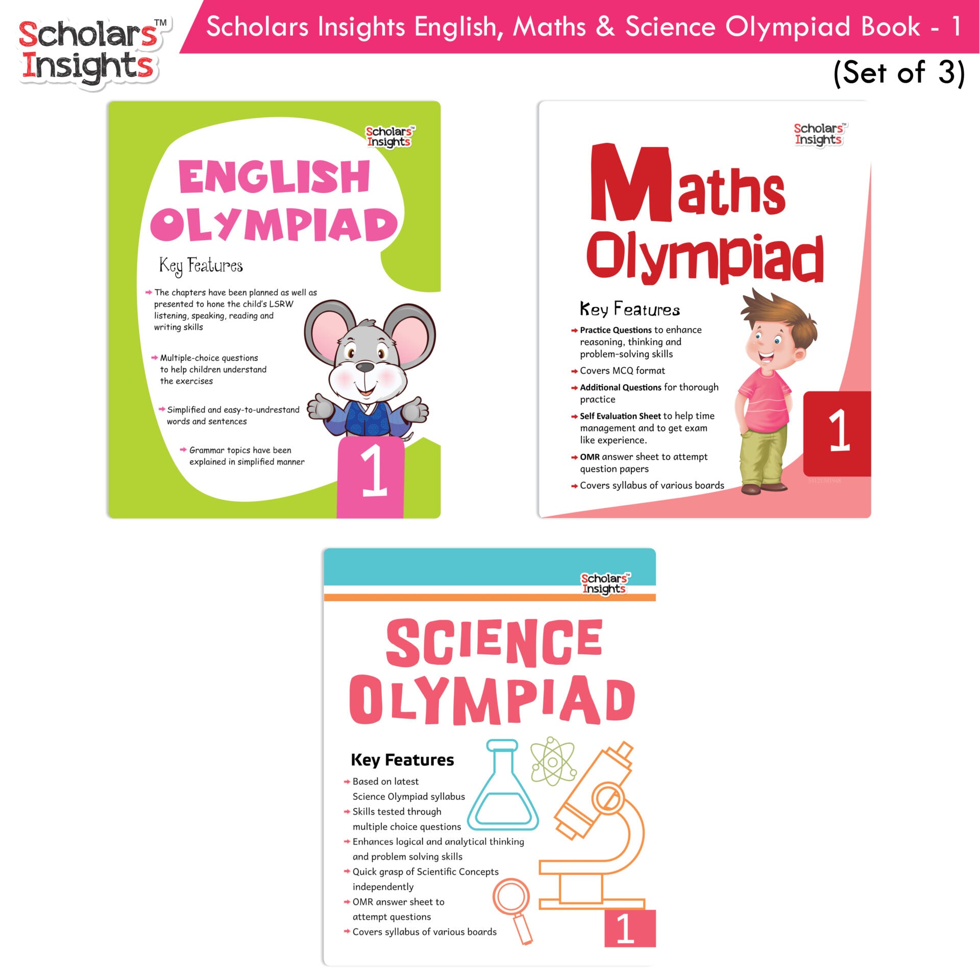 Scholars Insights Olympiad English, Maths and Science Workbooks Set Grade 1| Set of 3| Ages 6 - 8 Year - Distacart