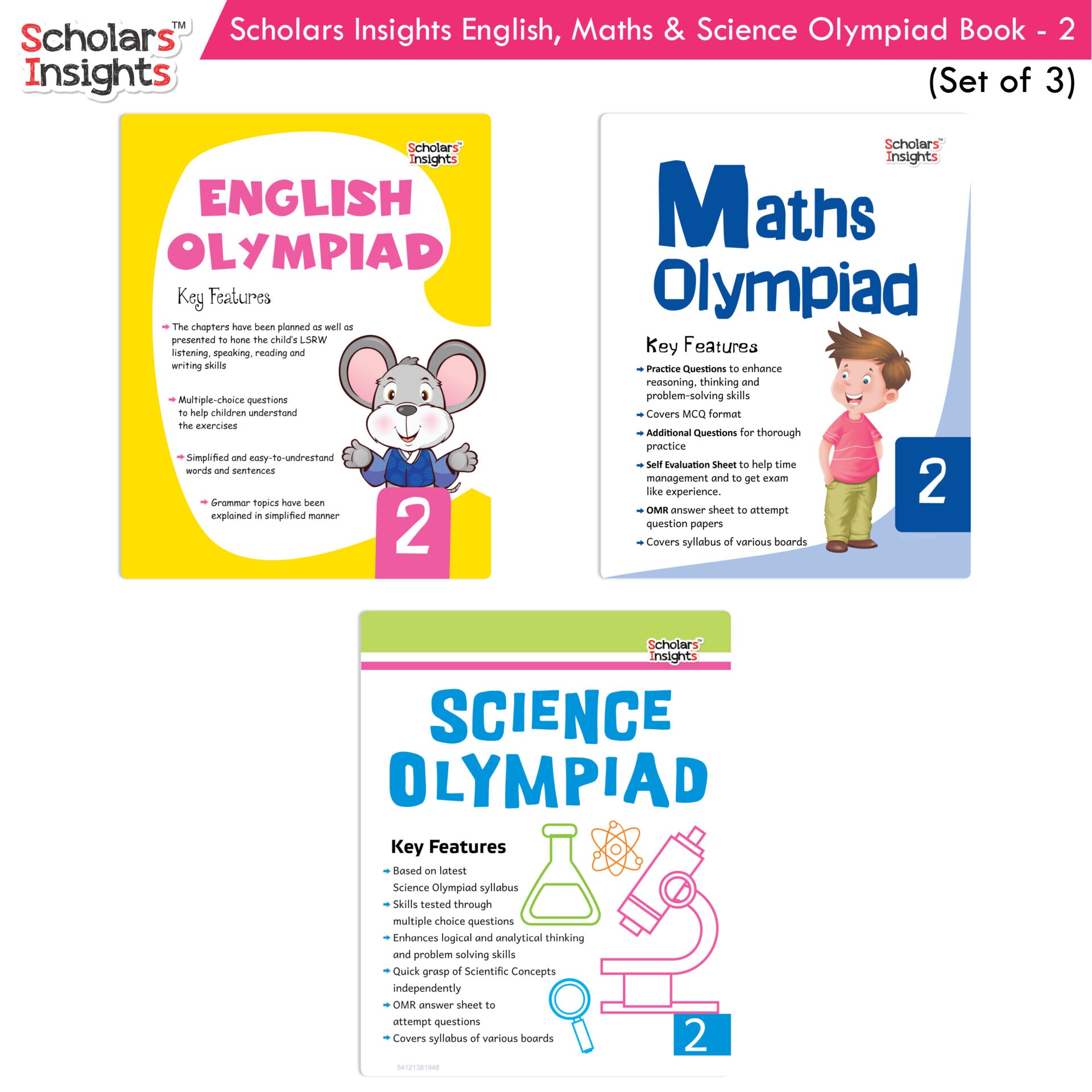 Scholars Insights Olympiad English, Maths and Science Workbooks Set Grade 2| Set of 3| Ages 7 - 9 Year - Distacart