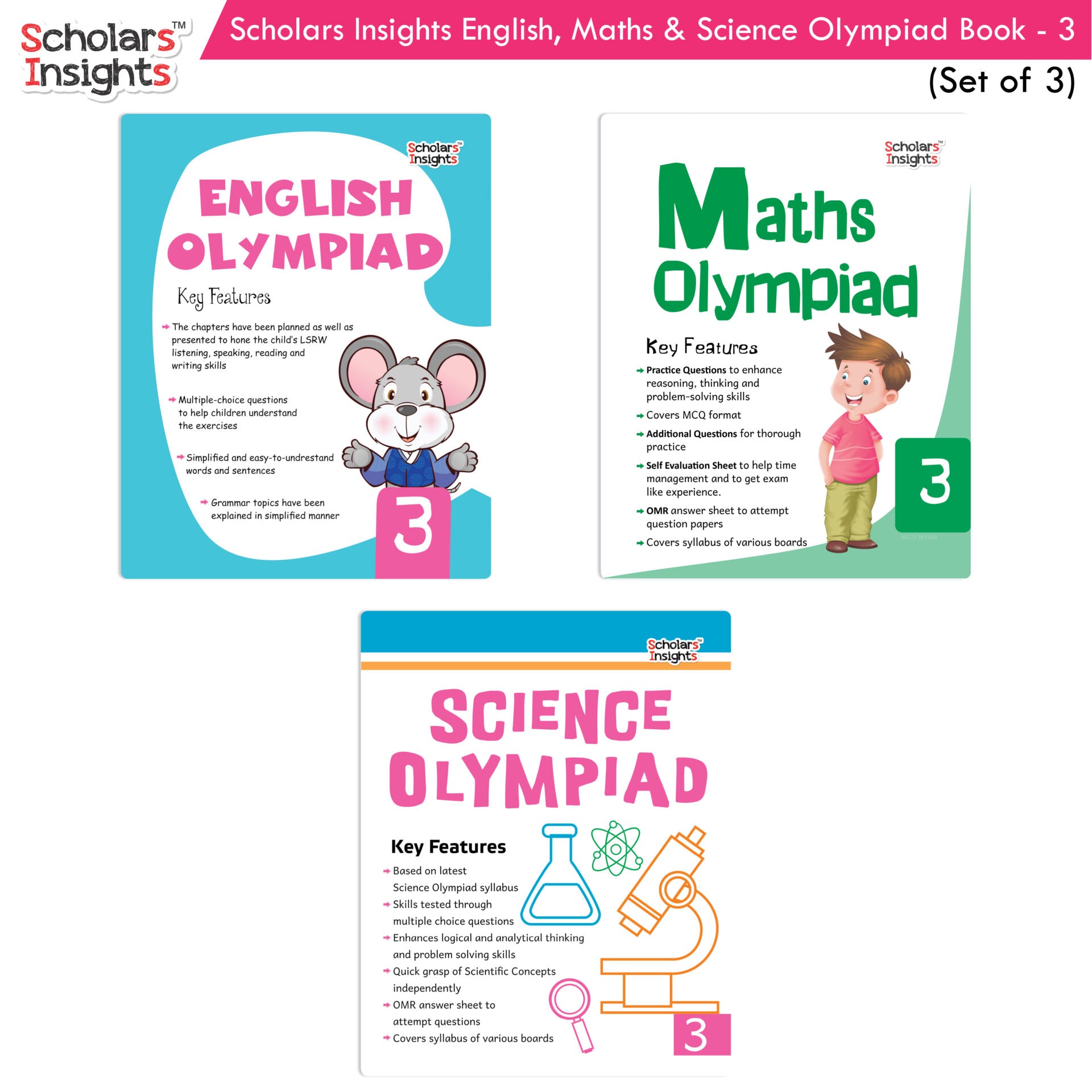 Scholars Insights Olympiad English, Maths and Science Workbooks Set Grade 3| Set of 3| Ages 8 - 10 Years - Distacart