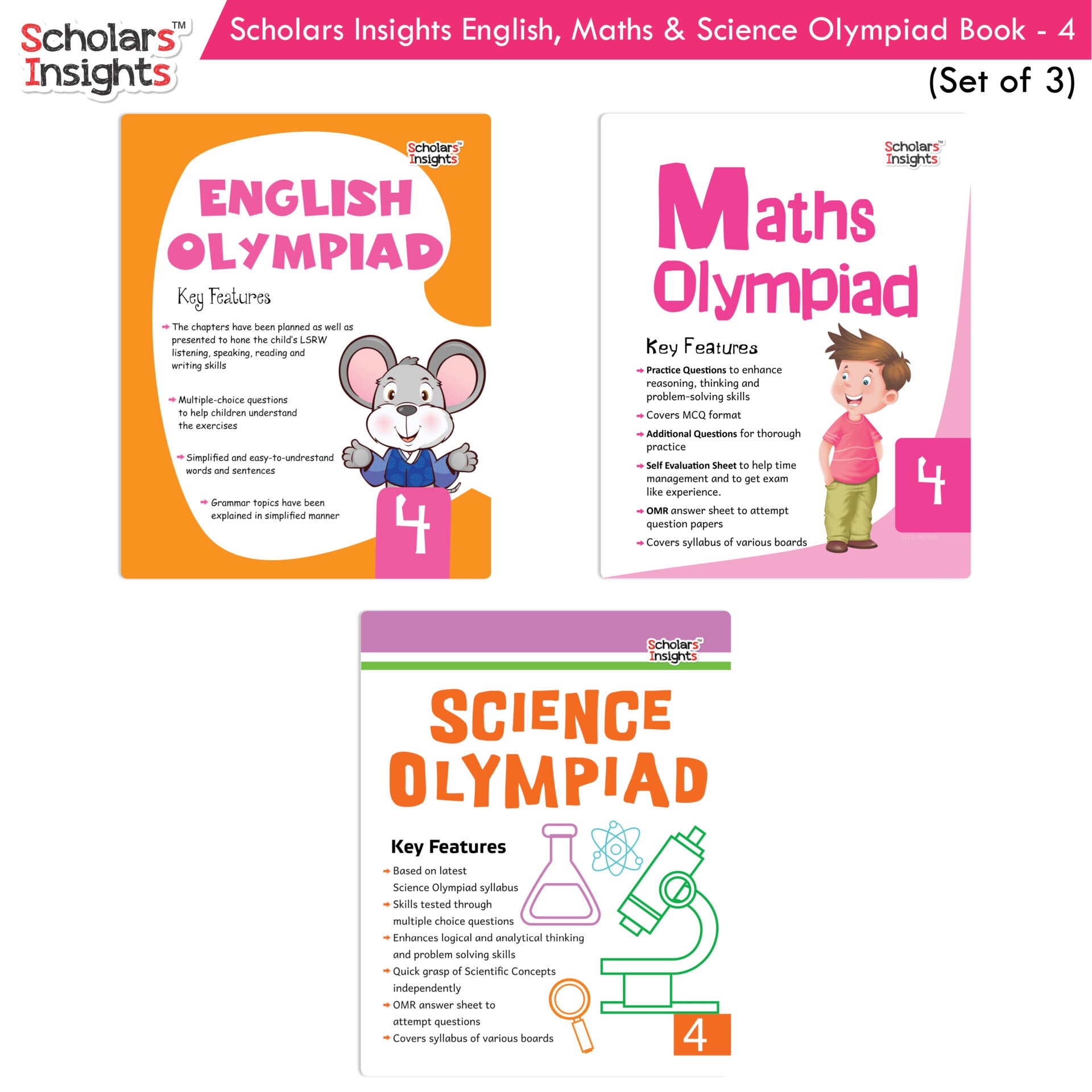 Scholars Insights Olympiad English, Maths and Science Workbooks Grade 4| Set of 3| Ages 9 - 11 Year - Distacart