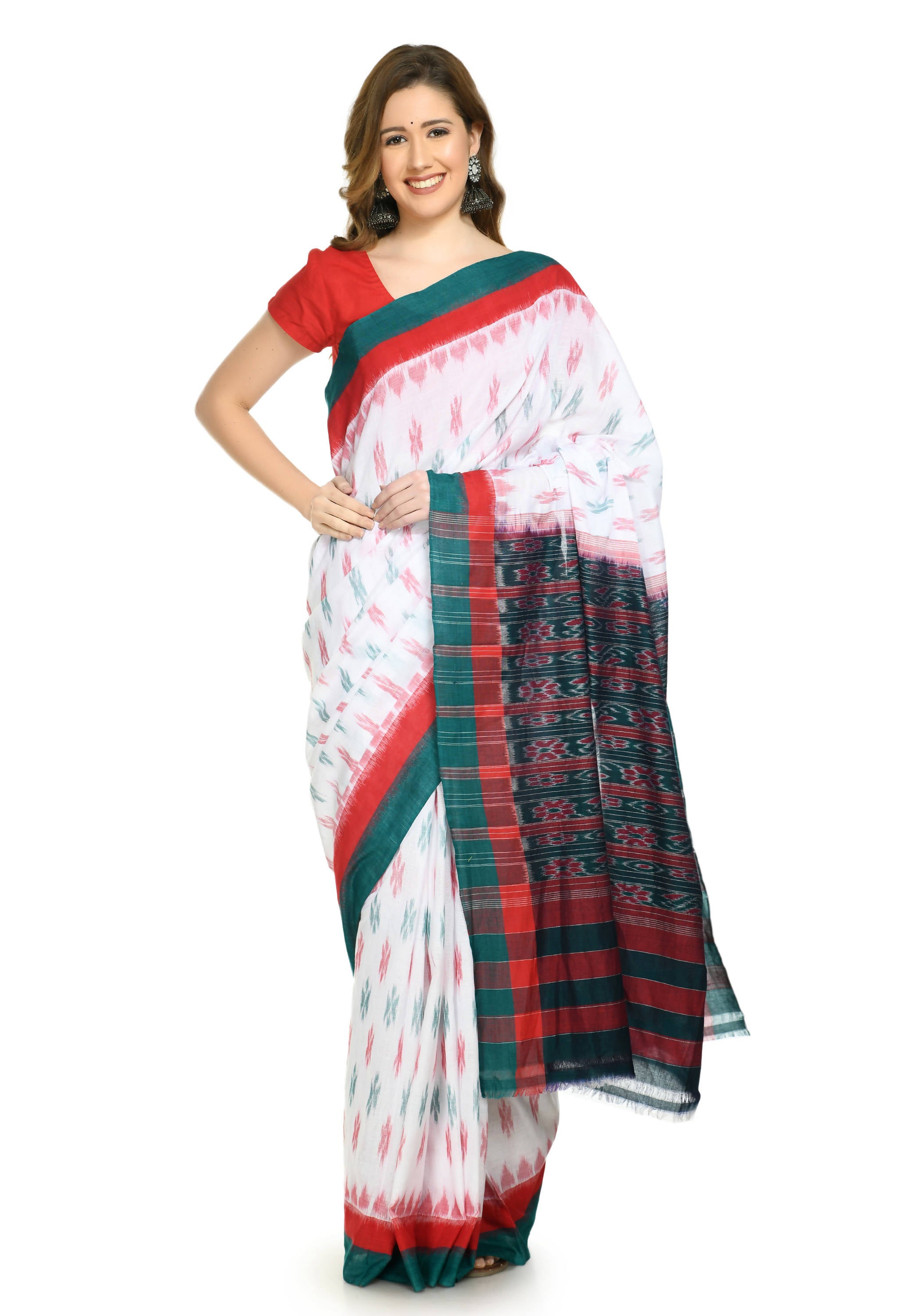 Vamika Sambalpuri Ikat Cotton Dehabandha White, Red & Green Saree - Distacart