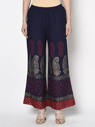 Aniyah Rayon Navy Blue Color Block Print Flared Slip-On Palazzo (AN-178K)