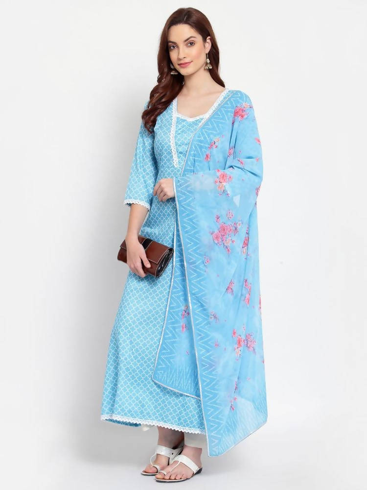 Myshka Women's Blue Printed Cotton Blend 3/4 Sleeve Square Neck Casual Anarkali Kurta Dupatta Set