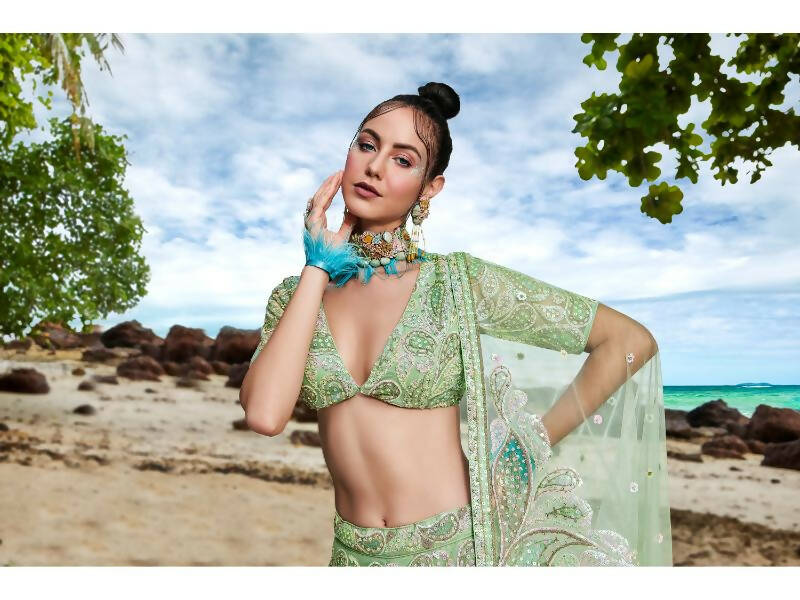 House of Panchhi Lime green Net Multi Sequins with heavy Zarkan embroidery Lehenga choli & Dupatta - Distacart