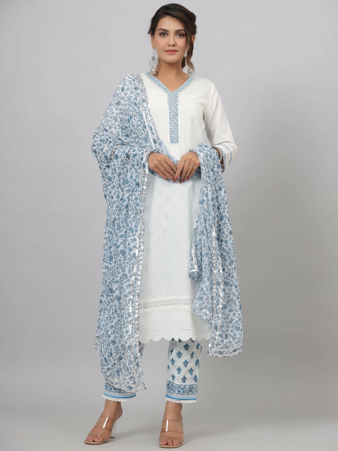 Juniper Women's White Cotton Cambric Solid Kurta Floral Printed Pant & Dupatta Set - Distacart