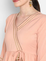 Thumbnail for Janasya Peach-Coloured & Maroon Printed Angrakha Gotta Patti Kurta with Dhoti Pants - Distacart