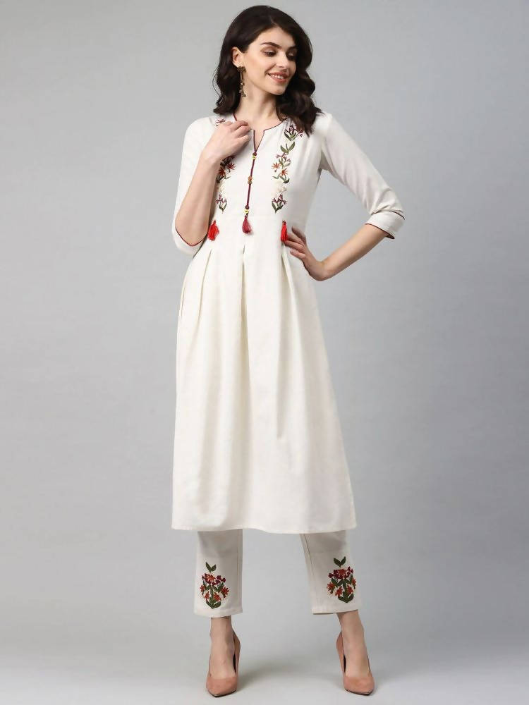 Yufta Women Off-White Yoke Design Kurta with Trouser