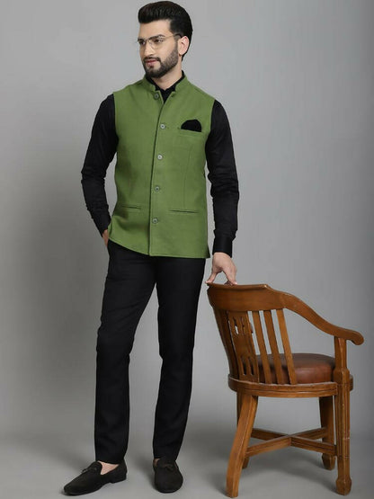 Even Apparels Nehru Jacket With Welt Pockets - Olive - Distacart