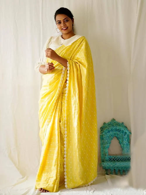Diva Globe Customised Yellow Linen Saree With Flowers - Distacart