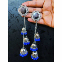 Thumbnail for Kashmiri Triple Blue Color Pearls Hanging Jhumka Earrings