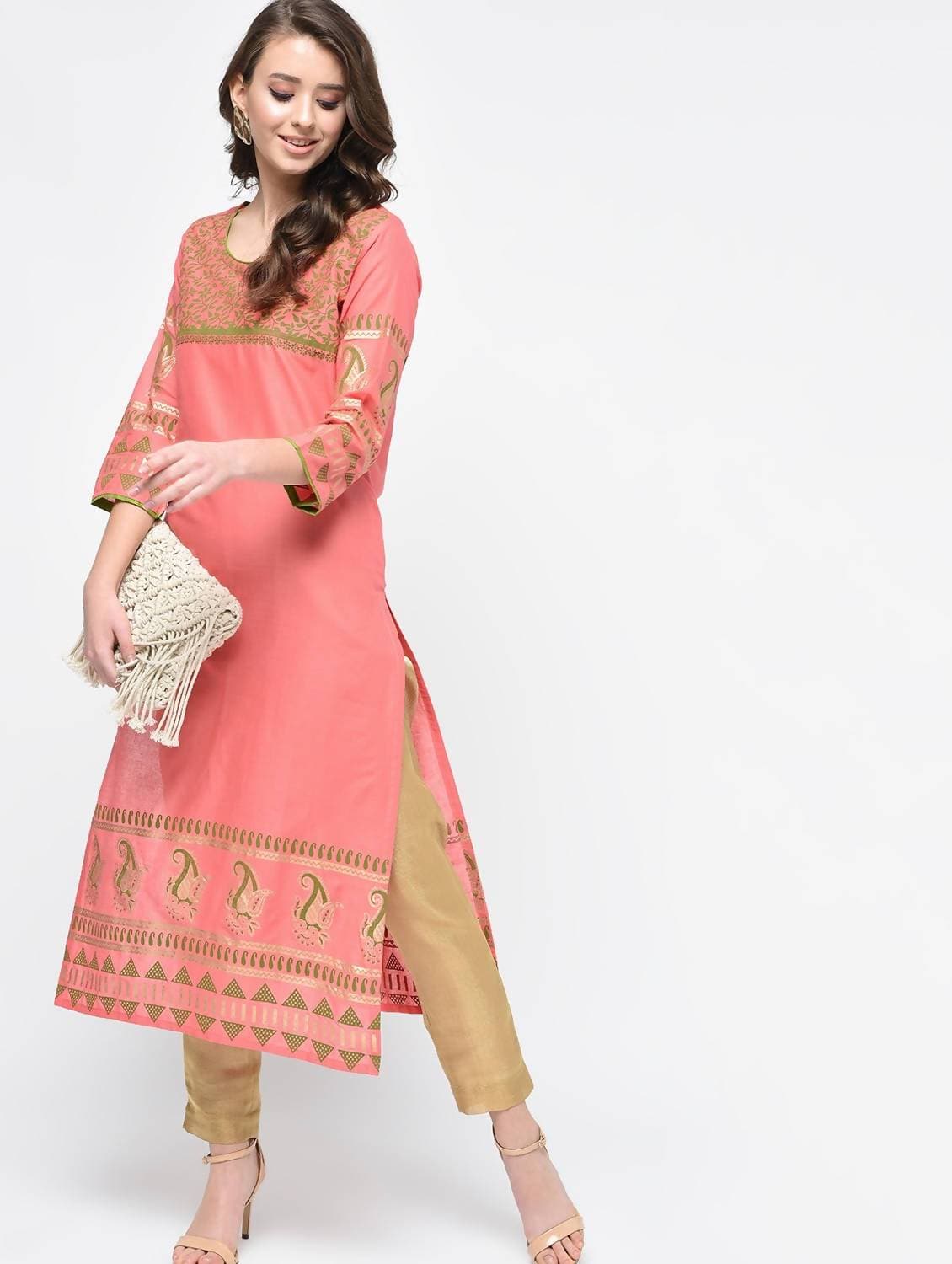 Cheera Hand Block Print Baby Pink Straight Kurta