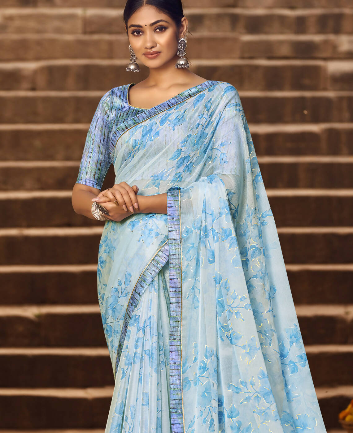 Sky Blue Silver Chiffon Printed Saree With Unstitched Blouse Piece - Jyoti - Distacart