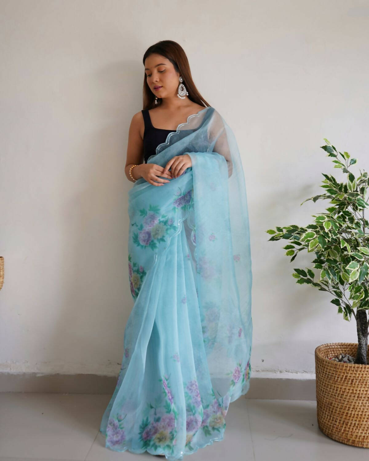 Vamsee Sky Blue Organza Saree - Distacart