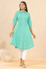 Thumbnail for Juniper Womens Blush Turquoise Cotton Slub Solid Mid Length Shirt Dress With Lace Detailing - Distacart