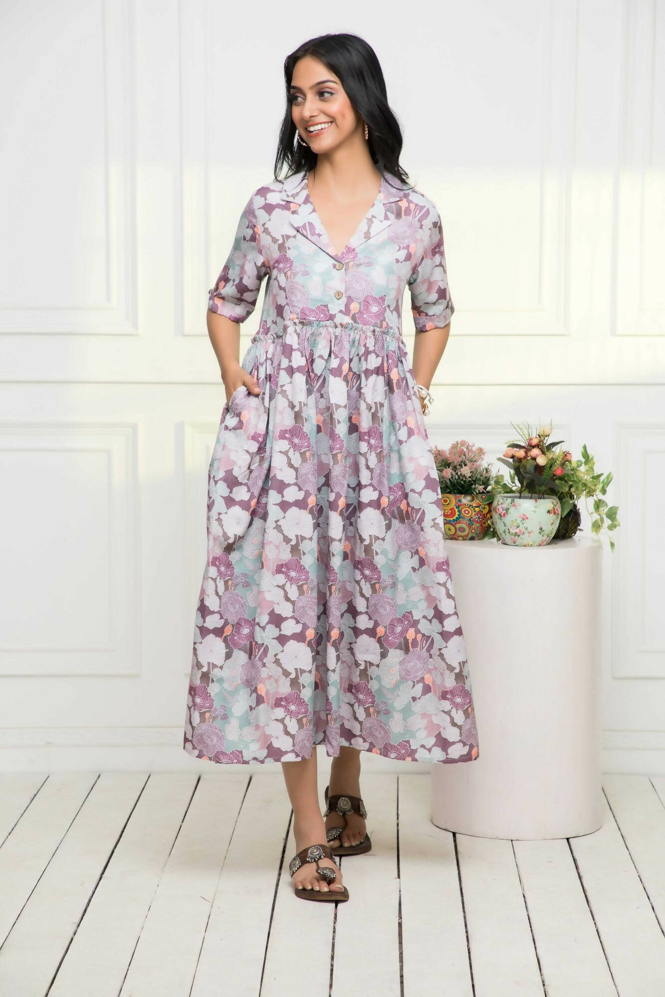 Myshka Women Multi-Floral Rayon A-Line V-Neck Dress - Distacart