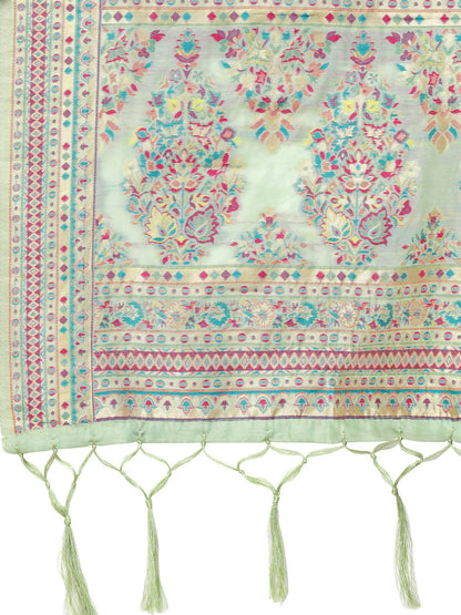 Sea Green Silk Blend Woven Design Saree With Unstitched Blouse Piece - Aloki - Distacart