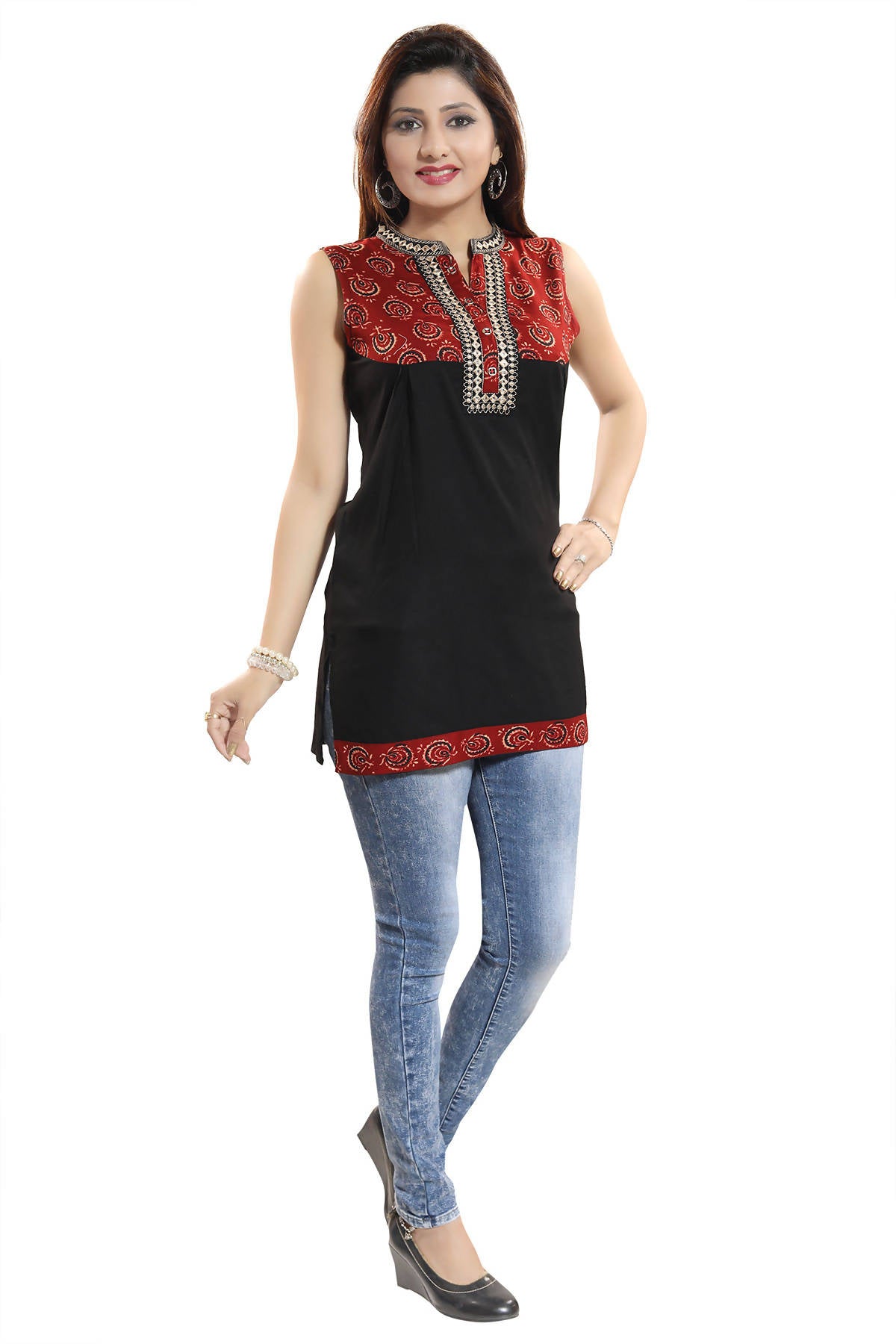 Snehal Creations Terrific Black Rayon Cotton Sleeveless Tunic Top - Distacart