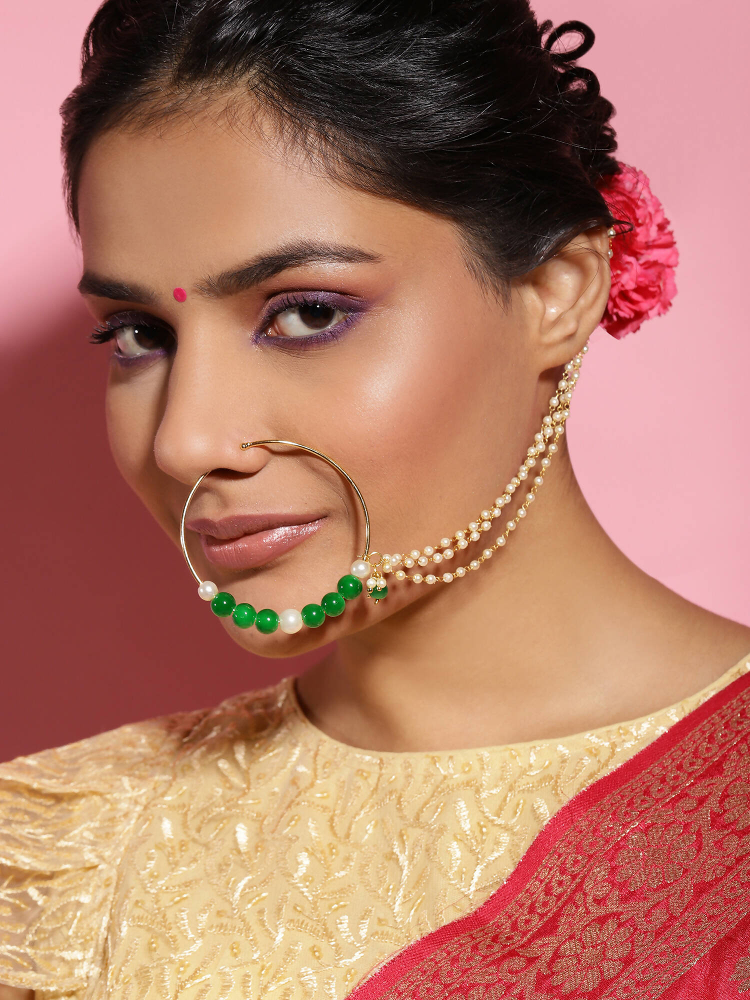 Gold-Plated White Green Stone-Studded Pearl Beaded Nosepin - Ruby Raang - Distacart