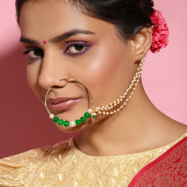 Gold-Plated White Green Stone-Studded Pearl Beaded Nosepin - Ruby Raang - Distacart