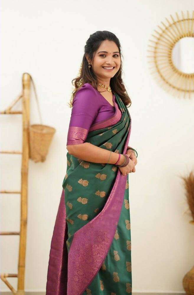 DEIANA'S Beautiful Golden Jari with New Design Soft Lichi Silk Saree - Teal - Distacart
