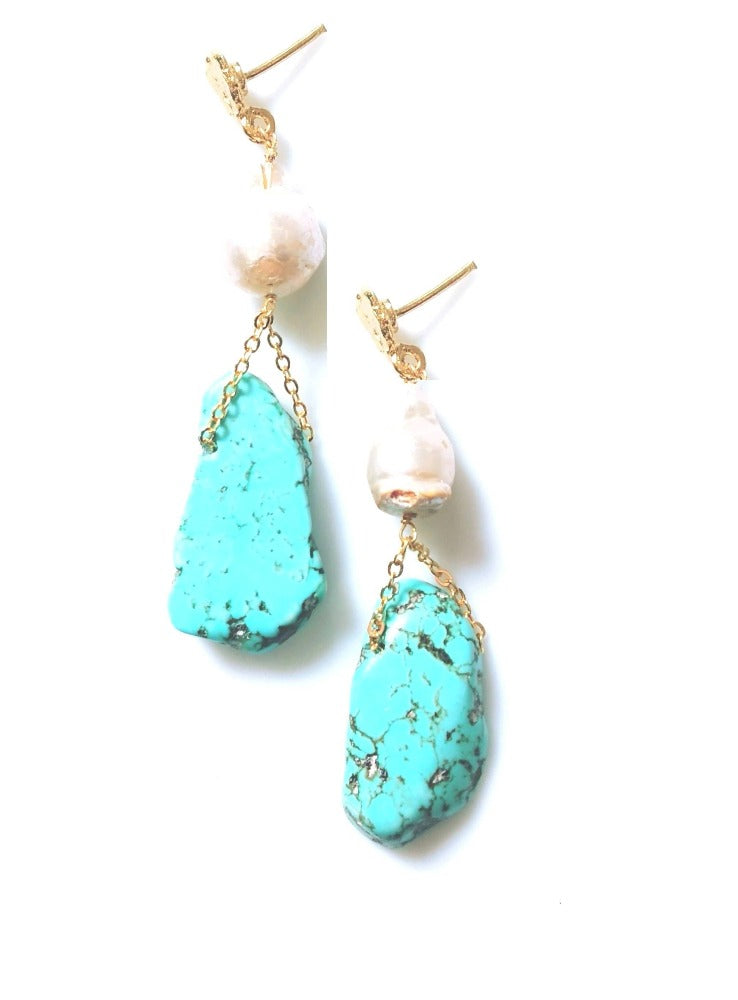 Bling Accessories Turquoise Stone With Baroque Pearl Earrings