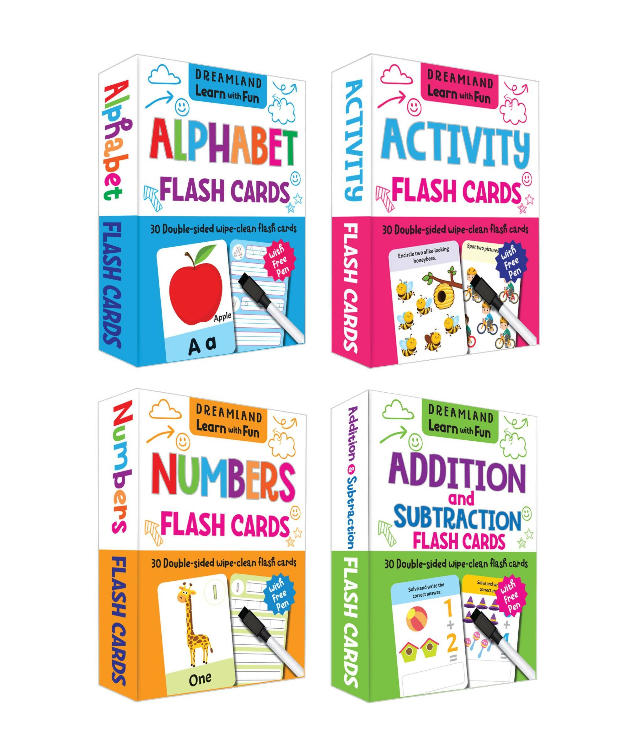 Dreamland Flash Cards Pack- Alphabet, Numbers, Addition and Subtraction, Activity, 120 Flash Cards with Free Pen - Distacart