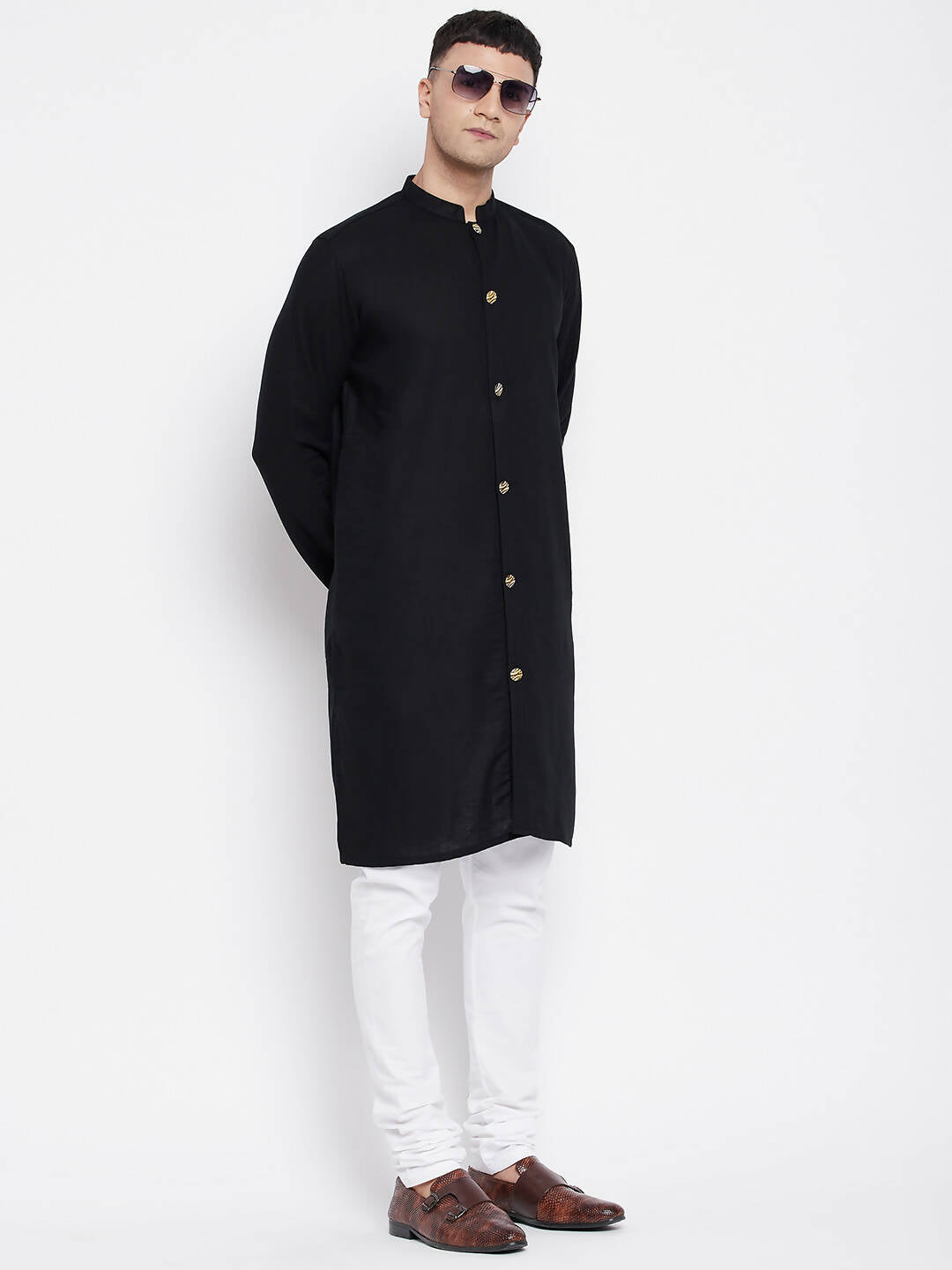Even Apparels Black Pure Cotton Men's Sherwani Kurta With Open Front - Distacart