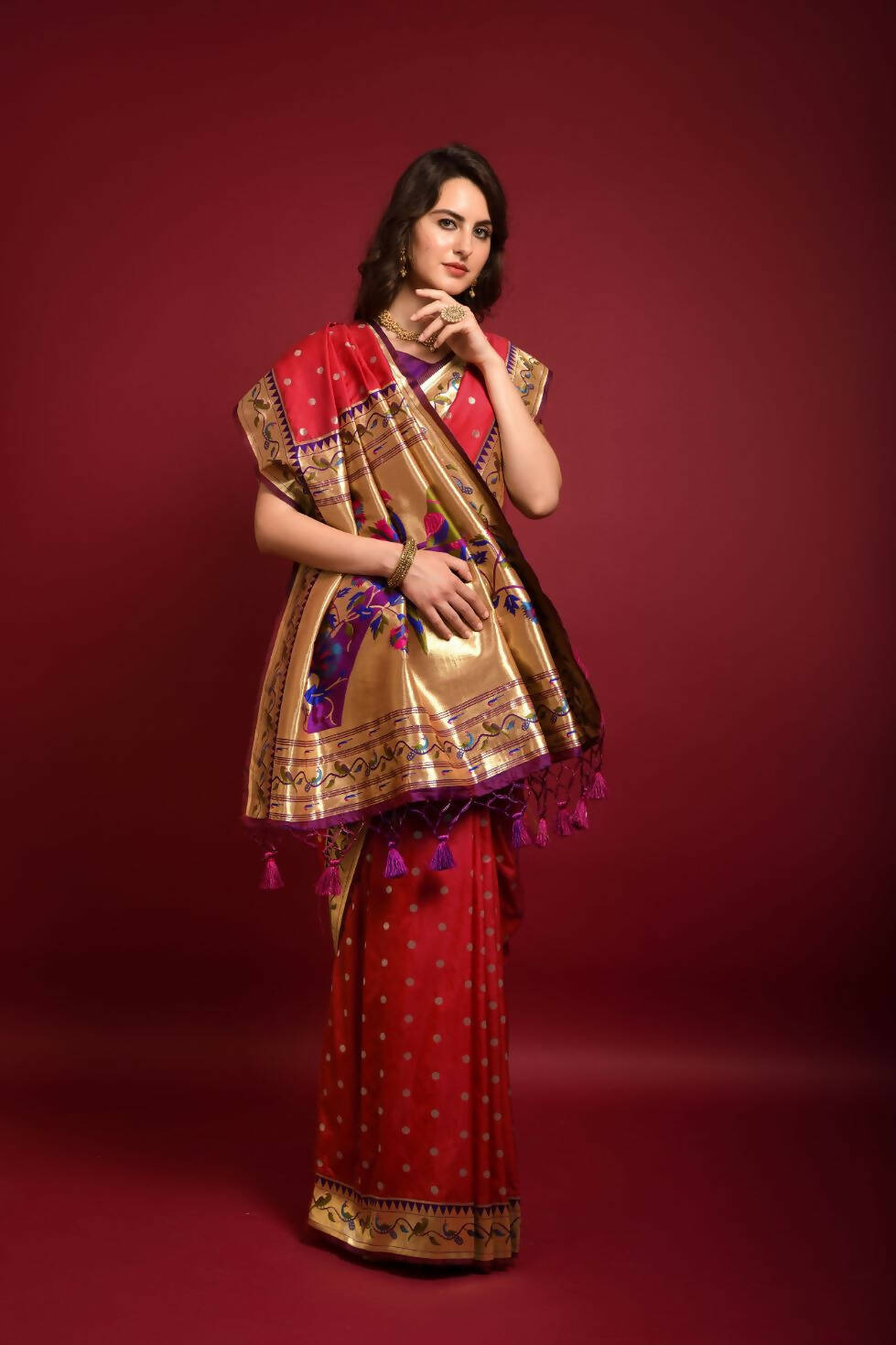 Vishnu Weaves Women's Red Paithani Silk Zari Woven Saree with Unstitched Blouse - Distacart