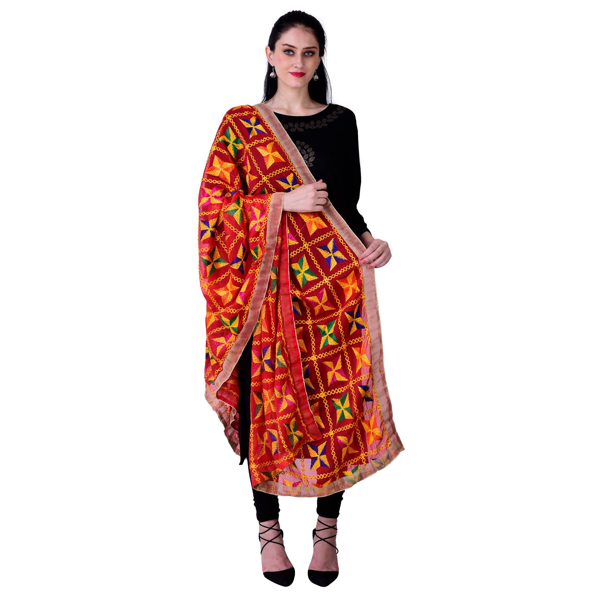 SWI Stylish Women's Embroidered Phulkari Chiffon Red Dupatta