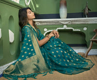 Thumbnail for Delightful Designer Turquoise Color Organza Silk Saree With Weaving Work - Yomika Fashions - Distacart