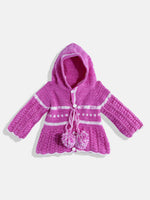 Thumbnail for Chutput Kids Woollen Hand Knitted Full Sleeves Self Design Hood Detail Dress - Purple - Distacart