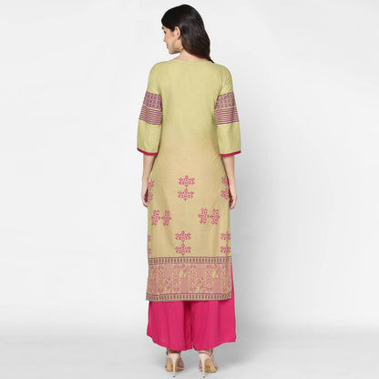 Cheera Hand Block Print Khaki Straight Kurta (MAAI-053K)