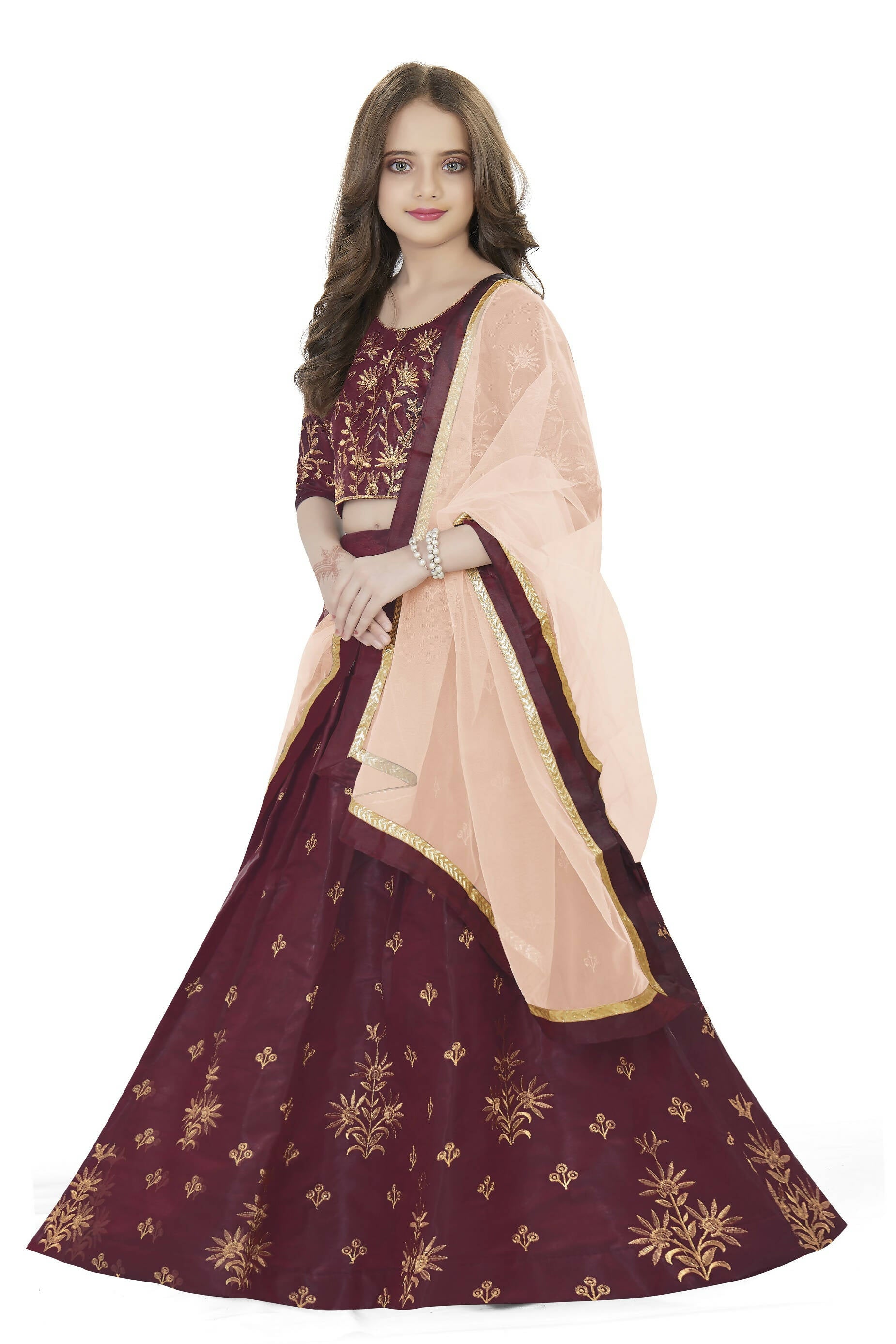 Dwiden Maroon Rohini Tafetta Sattin Semi-Stitched Girl's Lehenga Choli - Distacart