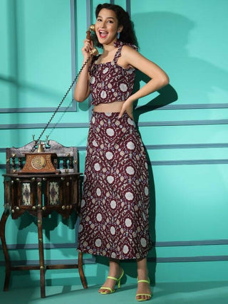 Wine Crepe Floral Printed Top with Matching Skirt - Shivani - Distacart