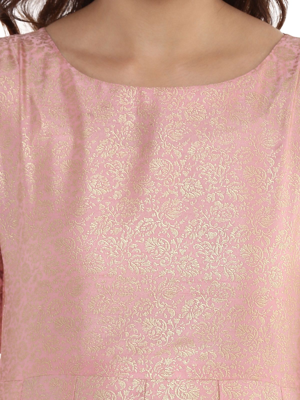 Ahalyaa Women's Pink Poly Silk Gold Foil Print Kurta