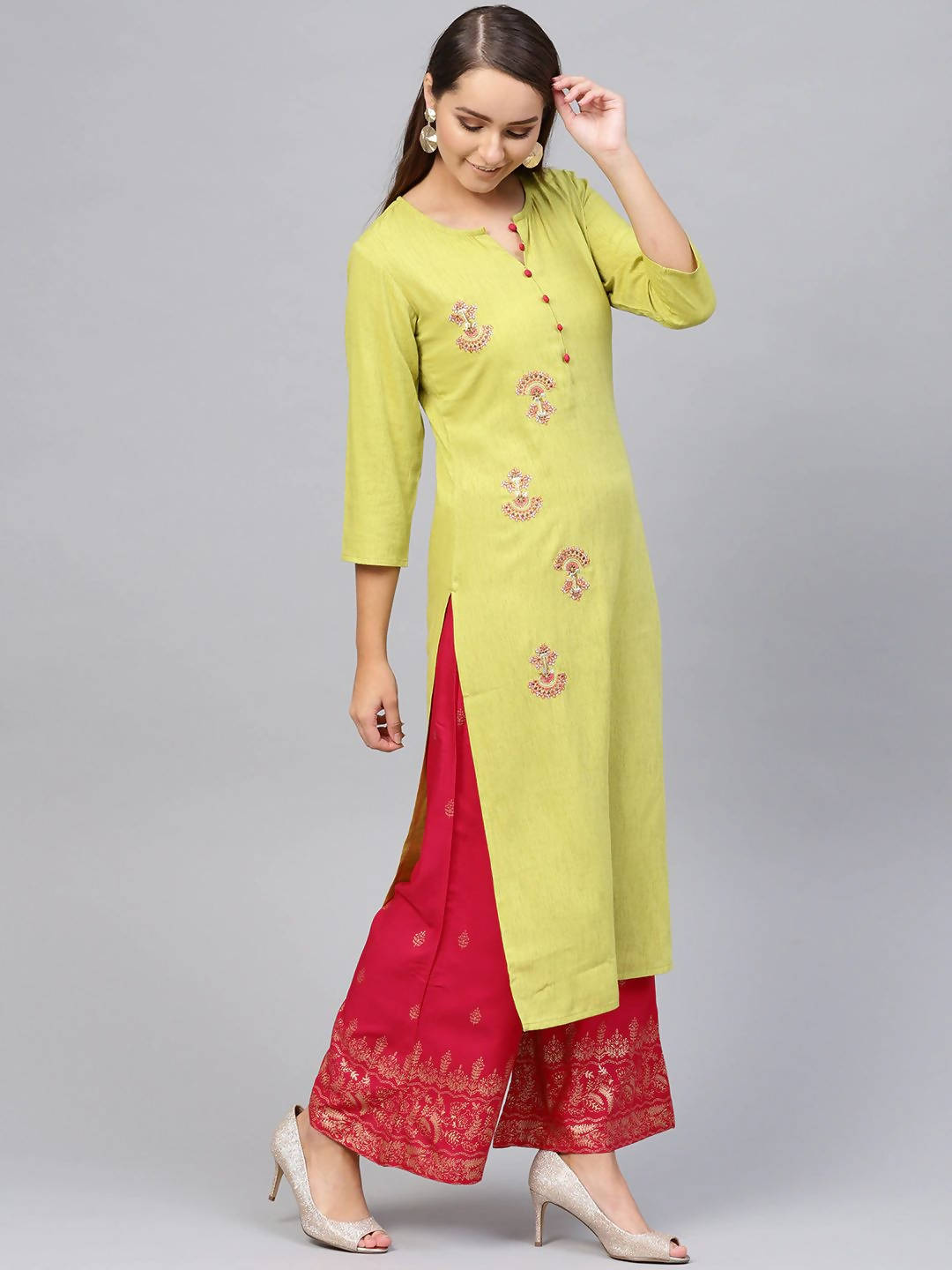Yufta Women Green & Pink Embroidered Kurta with Palazzo & Dupatta