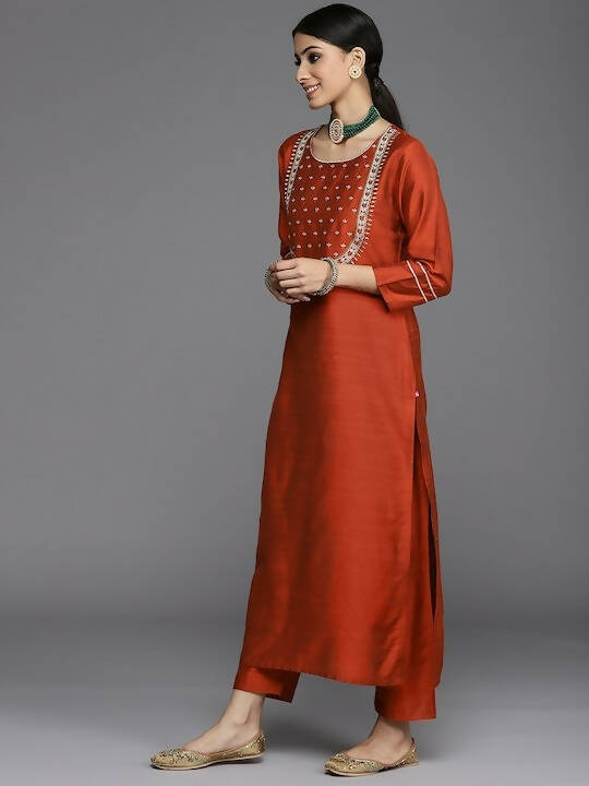 Varanga Women Maroon Embroidered Yoke Design Kurta with Trousers & Dupatta - Distacart