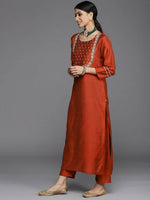 Thumbnail for Varanga Women Maroon Embroidered Yoke Design Kurta with Trousers & Dupatta - Distacart