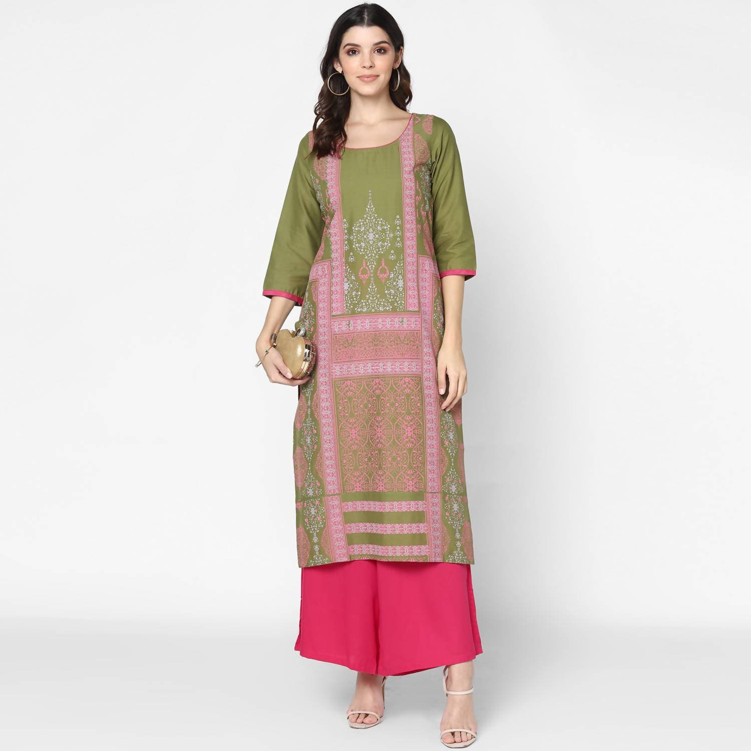 Cheera Hand Block Print Olive Green & Magenta Straight Kurta With Palazzo (MAAI-073K)