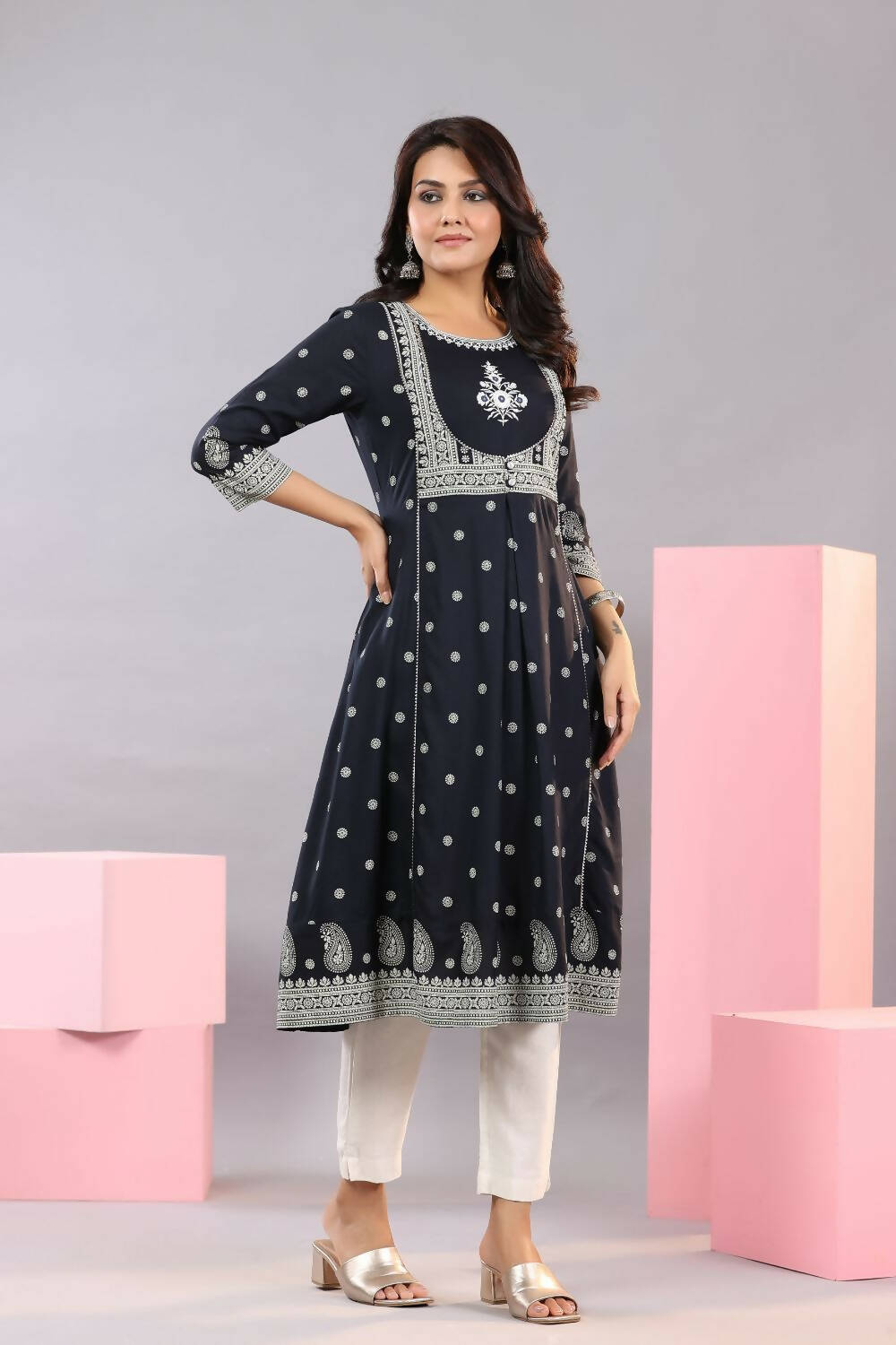 Juniper Women Indigo Rayon Printed A-Line Kurta - Distacart