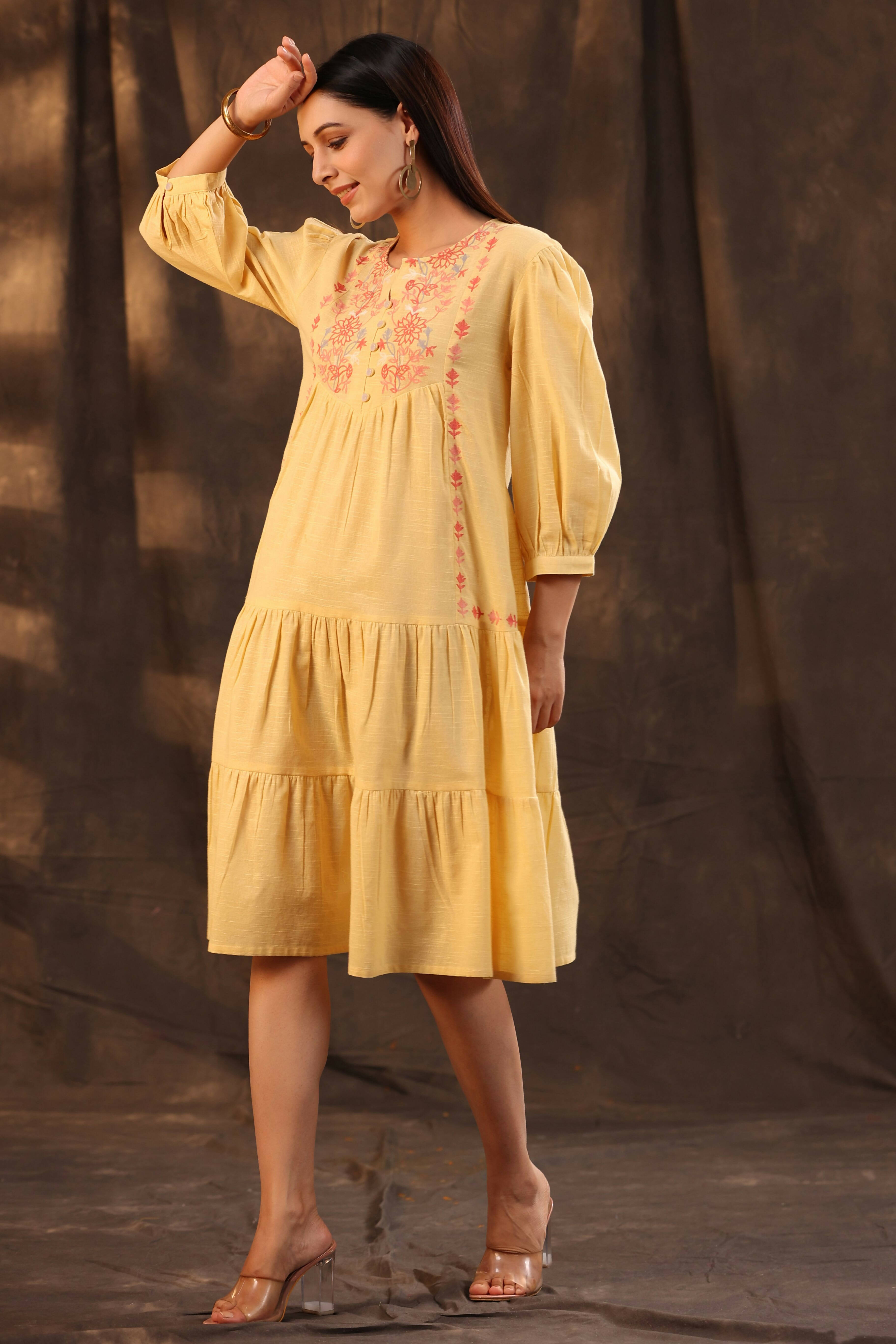 Juniper Women's Yellow Cotton Slub Solid Embroidered Tiered Dress - Distacart