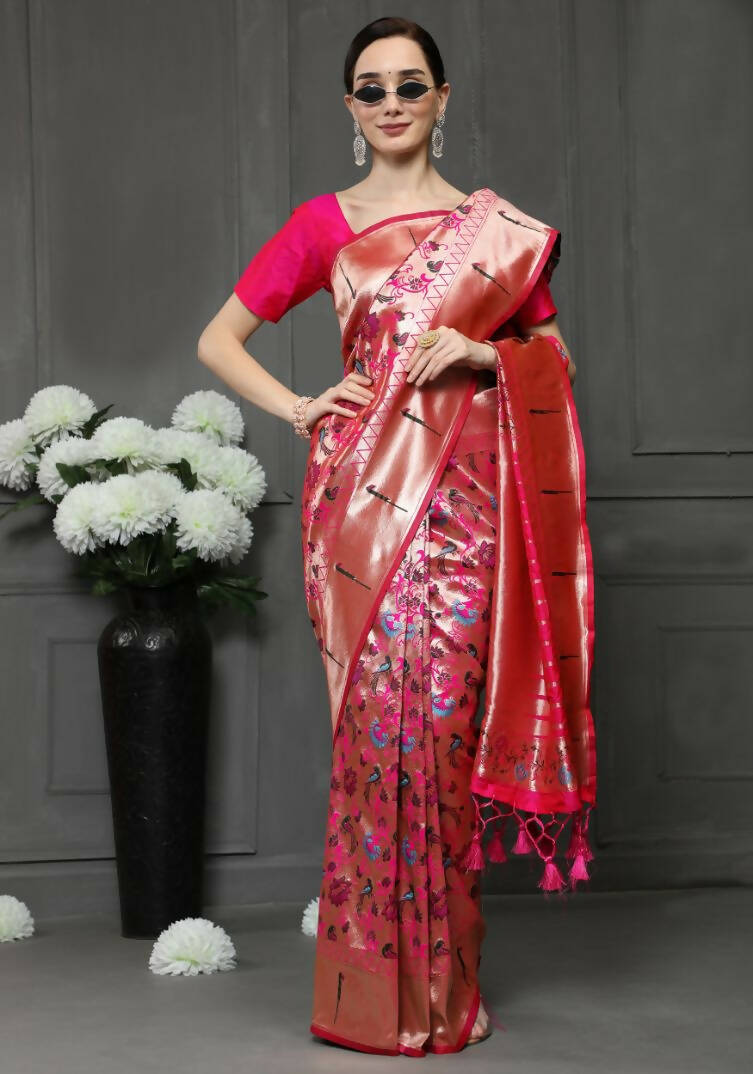 Vishnu Weaves Women's Pink Paithani Silk Zari Woven Saree with Unstitched Blouse - Distacart