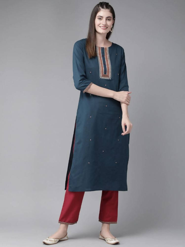 Yufta Navy Blue and Maroon Embroidered Kurta Palazzo Set
