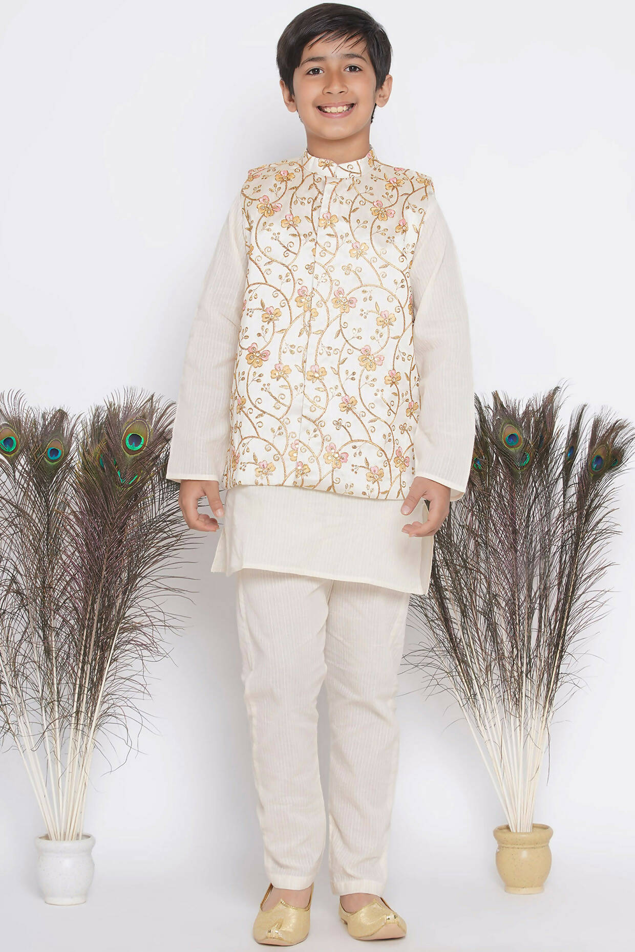 Little Bansi Banarsi Silk Orange Pink Floral Embroidery Jacket with Cotton Kantha kurta and Kantha Pyjama - Cream - Distacart