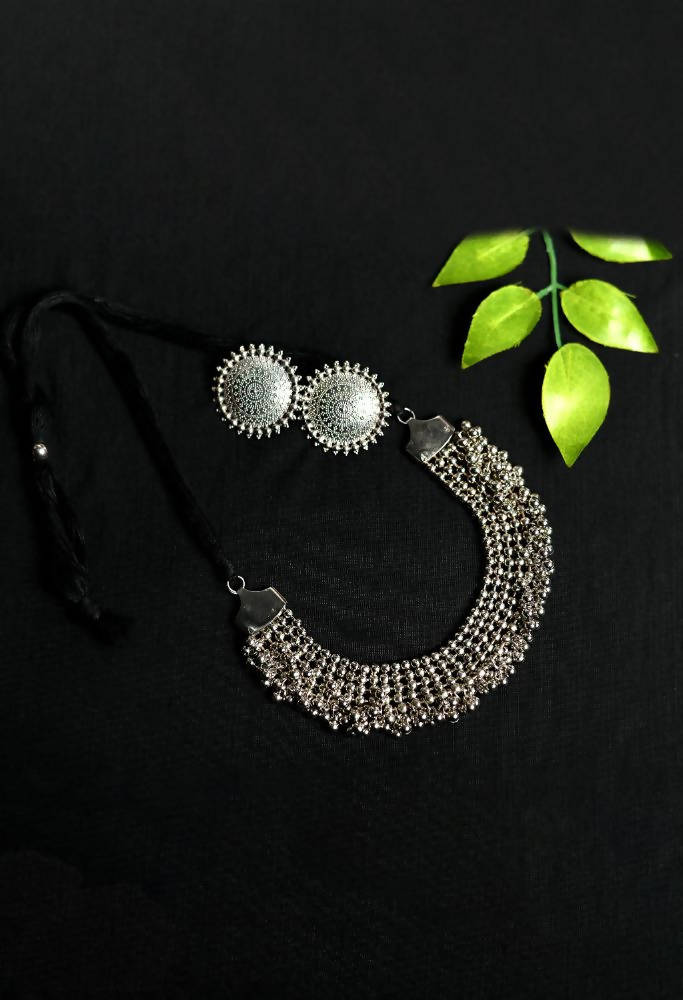 Tehzeeb Creations Oxidised Necklace And Earrings With Ghungru Style