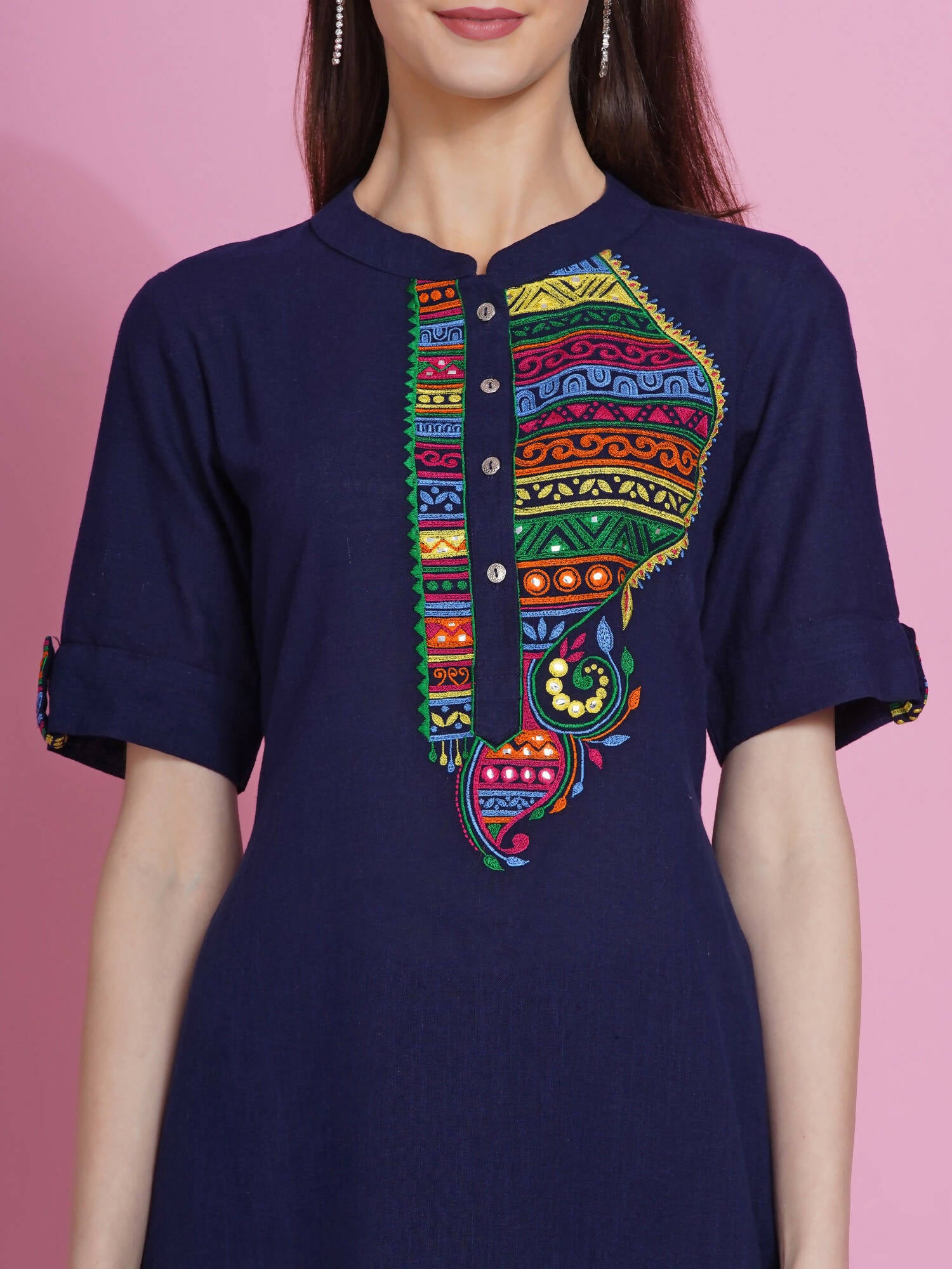 Women Republic Navy Blue Cotton Embroidered Kurta With Pants - Distacart